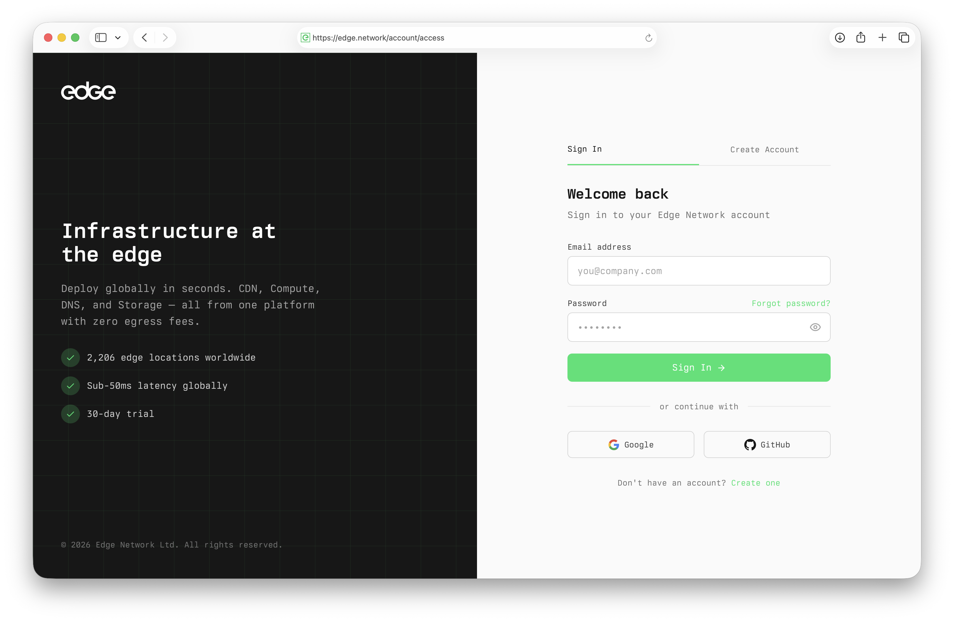 Edge homepage with Get Started button